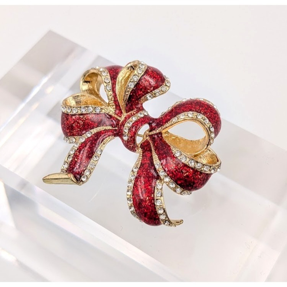 Vintage Rhinestone Red Bow Brooch Gold Tone Patriotic‎ 4th of July Holiday